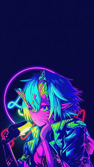 Neon Oni Girl Cyberpunk Anime Character with Glowing Halo and Vibrant Colors HD phone wallpaper