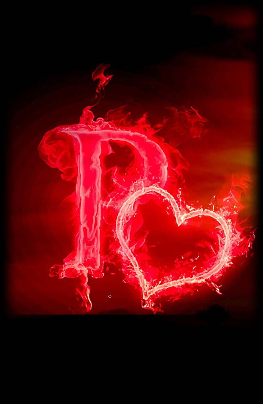 Glowing Red Flame Letter P and Heart Design on Black Background HD phone wallpaper