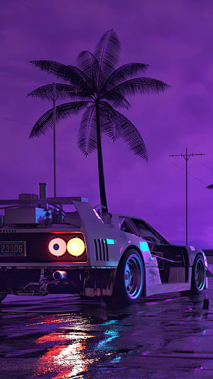 Retro Wave Sports Car Under Neon Palm Tree at Night HD phone wallpaper