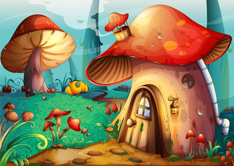 Whimsical Mushroom Cottage in a Vibrant Fantasy Forest with Glowing Lantern and Wooden Door HD wallpaper