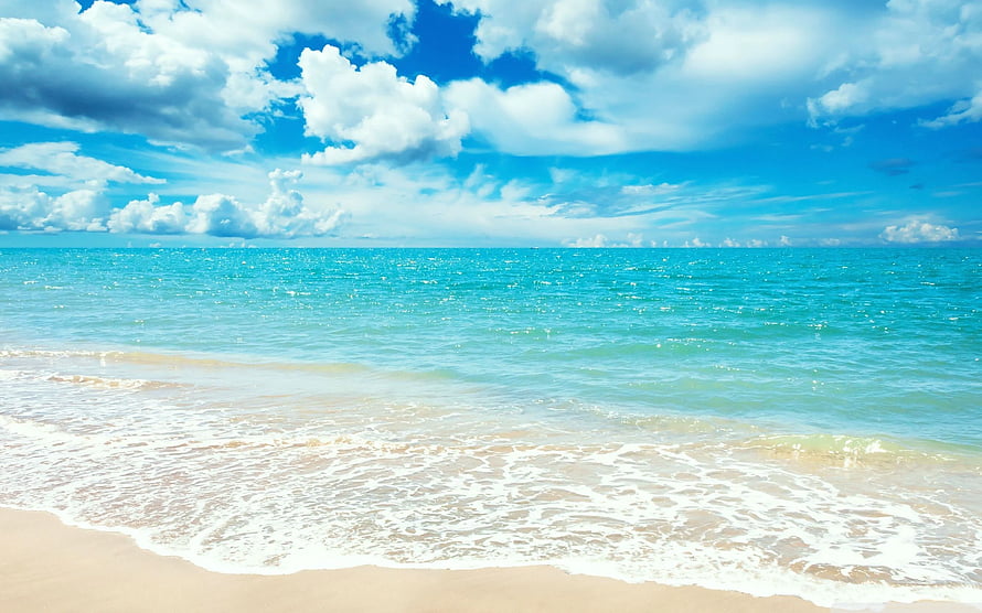 Serene Tropical Beach with Turquoise Water and Fluffy White Clouds HD wallpaper
