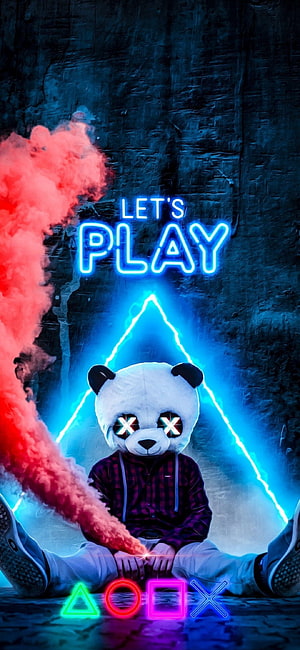 Neon Panda Gamer with PlayStation Symbols and Smoke HD phone wallpaper