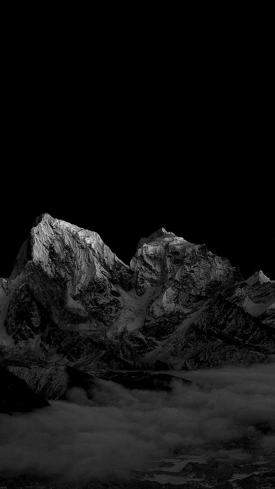 Monochrome Snow-Capped Mountain Peaks Rising Above a Sea of Clouds Against a Black Sky HD phone wallpaper