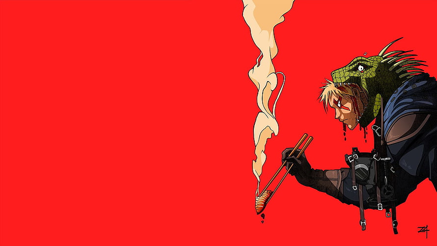 Caiman from Dorohedoro holding sushi with chopsticks against a bold red background HD wallpaper