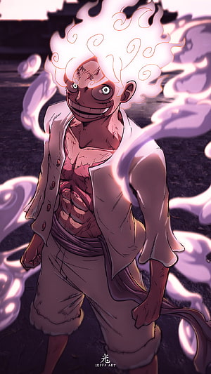 Monkey D. Luffy Gear 5 Nika Form with Flame Hair and Intense Grin HD phone wallpaper