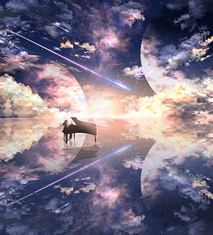 Dreamy Grand Piano Silhouette in a Surreal Cosmic Universe with Nebulae and Stars HD phone wallpaper