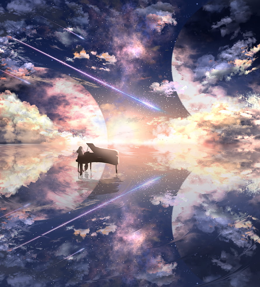 Dreamy Grand Piano Silhouette in a Surreal Cosmic Universe with Nebulae and Stars HD phone wallpaper