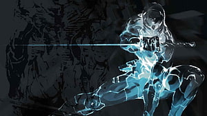 Metal Gear Solid Ghost Warrior Wielding Glowing Blue Sword in Dark Tactical Combat Pose HD wallpaper