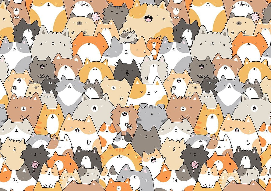 Cute Kawaii Cat Doodle Pattern Wallpaper with Colorful Cartoon Kittens HD wallpaper