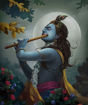 Krishna Playing Flute Under Full Moon in Lush Garden HD phone wallpaper