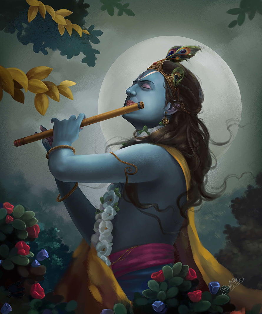 Krishna Playing Flute Under Full Moon in Lush Garden HD phone wallpaper