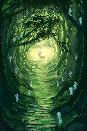 Enchanted Forest Path with Glowing Spirits and a Majestic Deer in Studio Ghibli Style HD phone wallpaper
