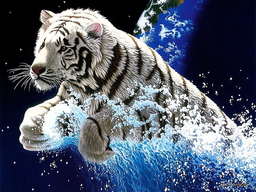 Majestic White Tiger Emerging From Ocean Waves Against Earth And Starry Space HD wallpaper