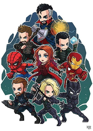 Chibi Style Marvel Avengers Team Illustration with Spider-Man, Iron Man, and Captain America HD phone wallpaper