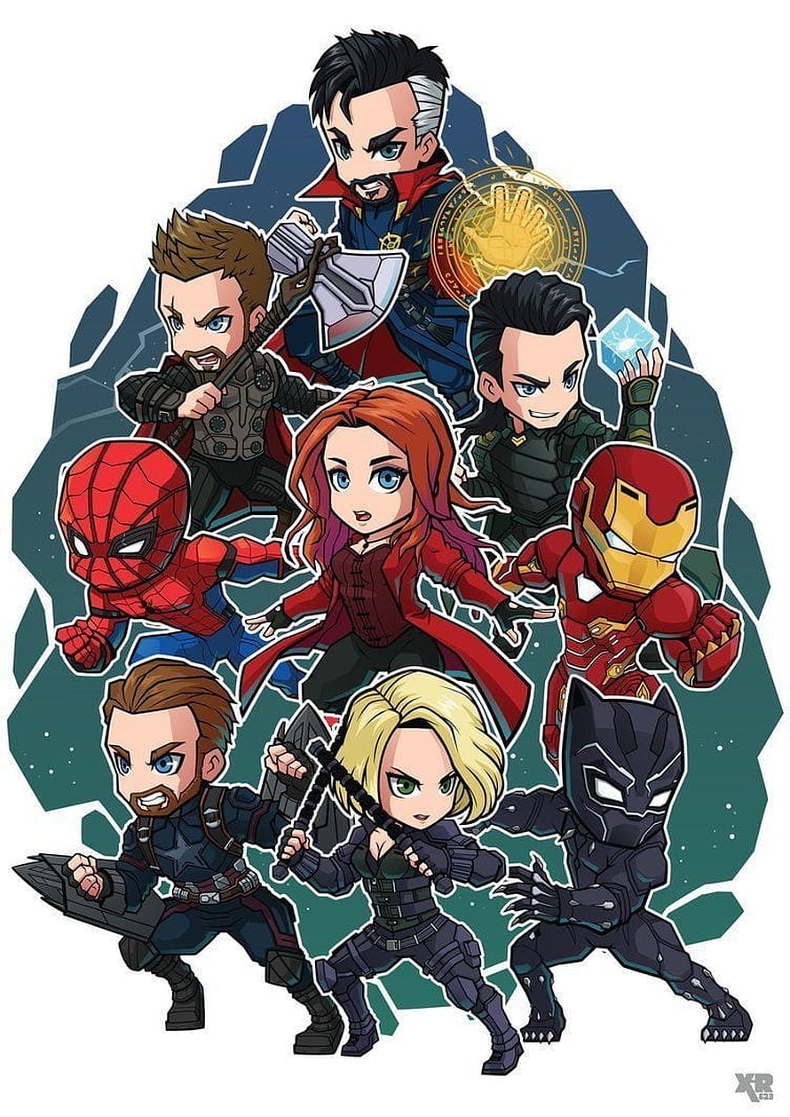 Chibi Style Marvel Avengers Team Illustration with Spider-Man, Iron Man, and Captain America HD phone wallpaper