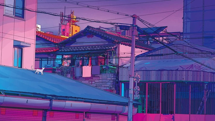 Japanese Lofi Aesthetic: Anime Cityscape at Dusk with Cat on Rooftop HD wallpaper