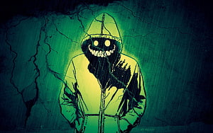 Menacing Hooded Demon Figure in Rainy Green and Black Horror Illustration HD wallpaper