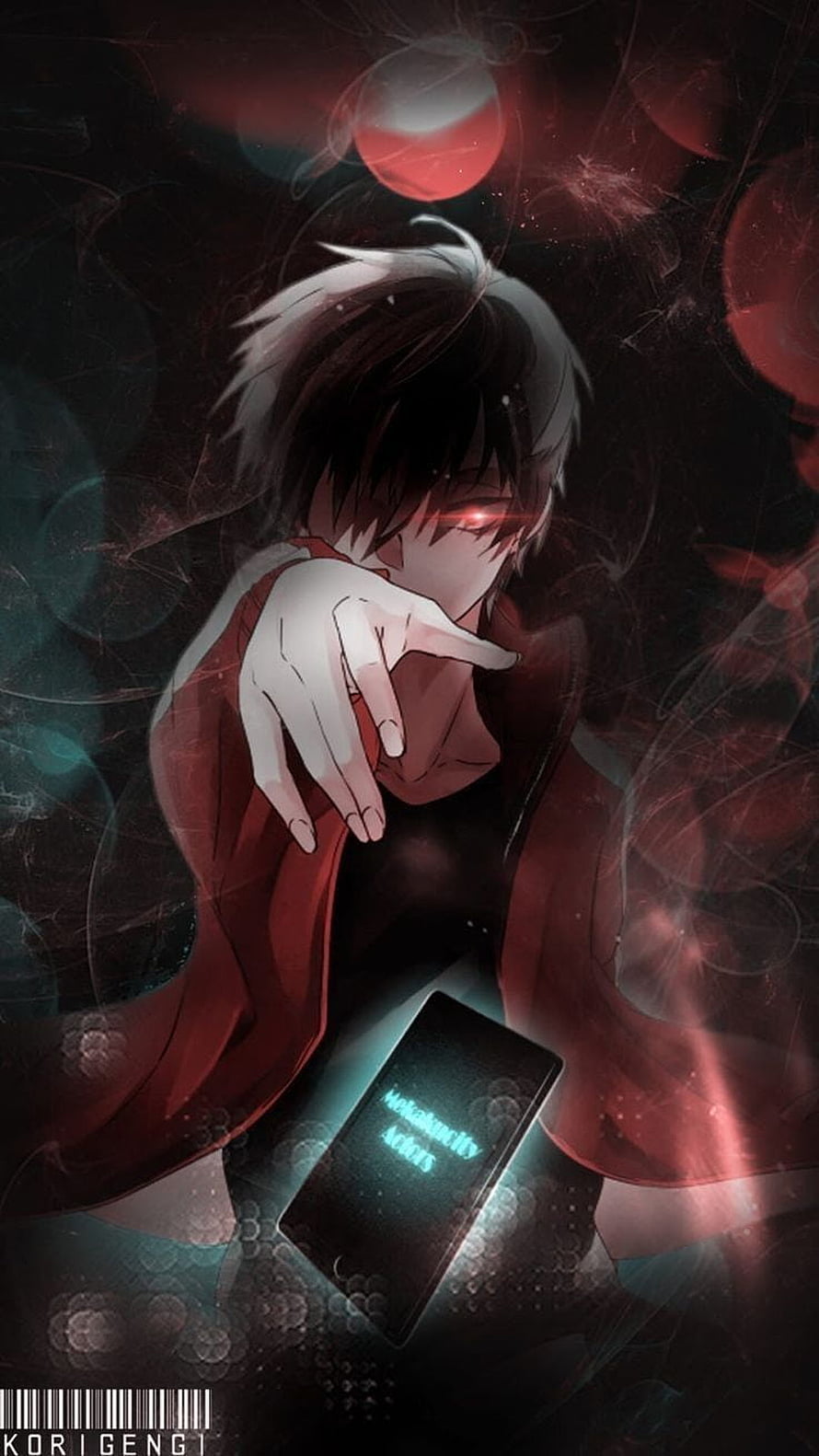 Dark Anime Character with Glowing Red Eyes and Smartphone in Moody Atmosphere HD phone wallpaper