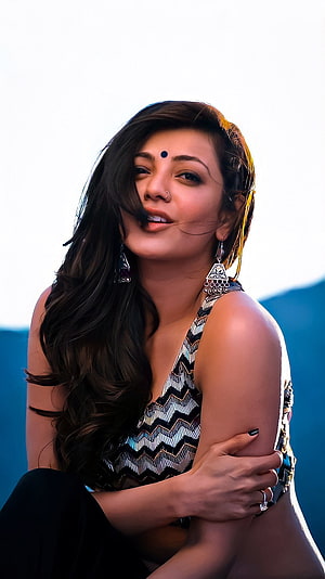 Kajal Aggarwal Portrait in Patterned Top with Traditional Earrings and Bindi HD phone wallpaper