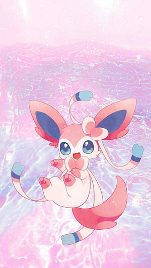 Cute Pink Sylveon Floating in a Dreamy Pastel Water Background HD phone wallpaper