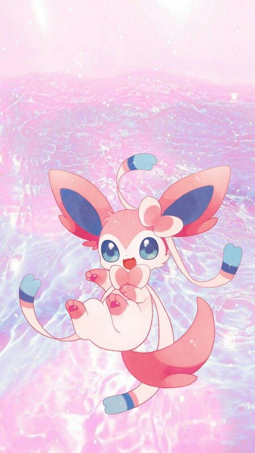 Cute Pink Sylveon Floating in a Dreamy Pastel Water Background HD phone wallpaper