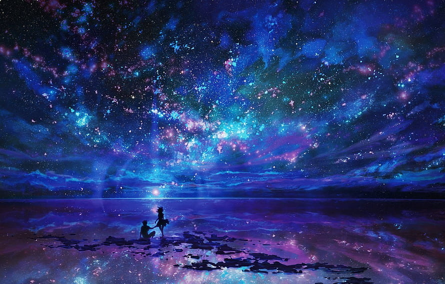 Silhouetted Couple on a Reflective Shore Beneath a Vibrant Cosmic Starry Night Sky HD wallpaper