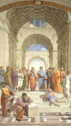 Raphael's School of Athens fresco featuring Socrates and Plato in classical architecture HD phone wallpaper