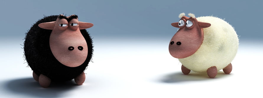 Two 3D Animated Sheep Characters Facing Each Other in Minimalist Studio Setting HD wallpaper
