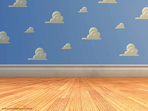 Toy Story Cloud Wallpaper with Wooden Floor and Blue Sky Interior Scene HD wallpaper