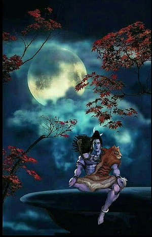 Lord Shiva Meditating on a Rock Under a Full Moon with Autumn Foliage HD phone wallpaper