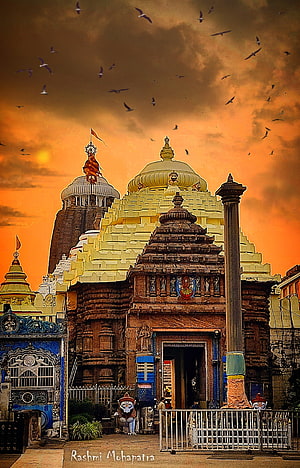 Jagannath Temple Puri Odisha at Sunset with Birds in the Sky HD phone wallpaper