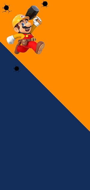 Mario in Construction Gear Holding a Hammer on Orange and Blue Background HD phone wallpaper