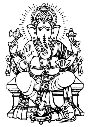 Ganesha Black and White Line Art Illustration with Mouse and Axe HD phone wallpaper