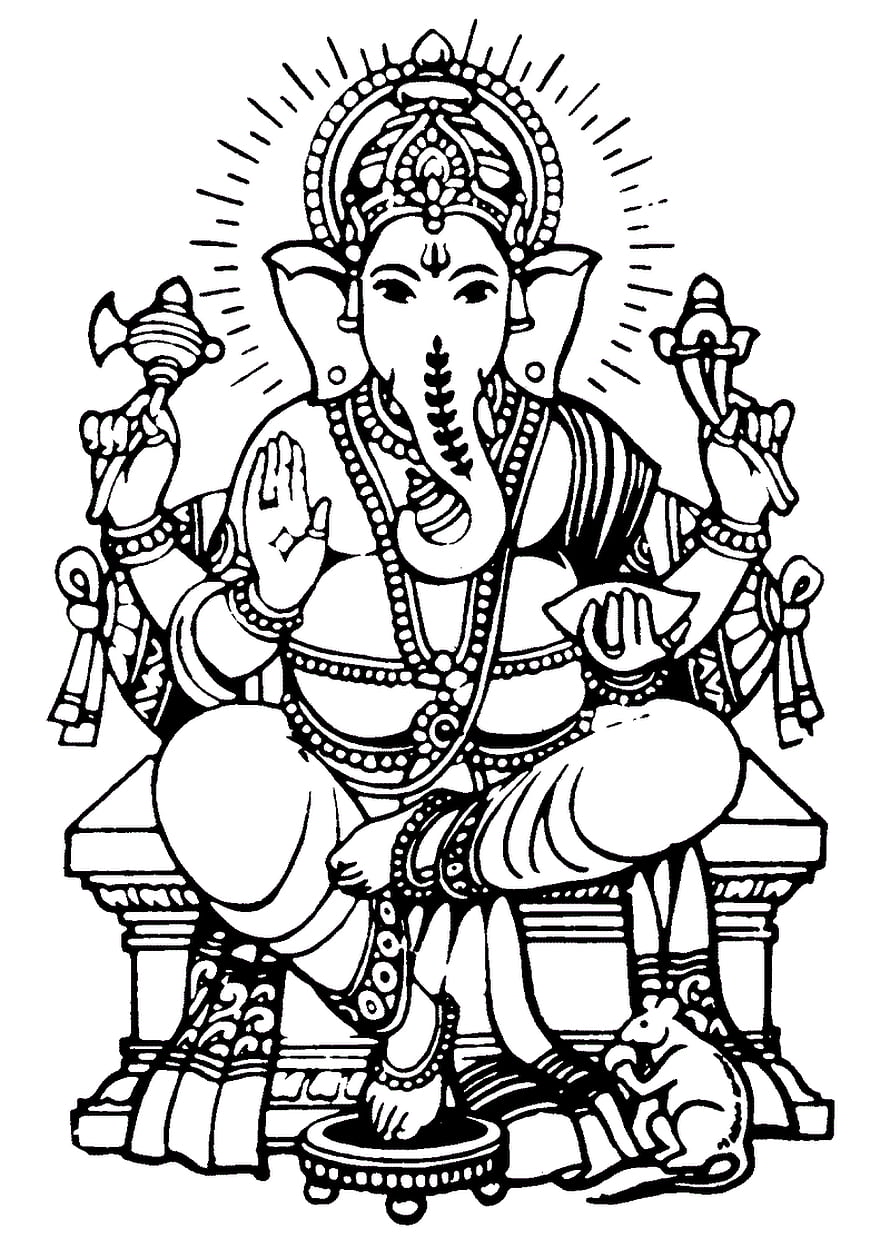 Ganesha Black and White Line Art Illustration with Mouse and Axe HD phone wallpaper