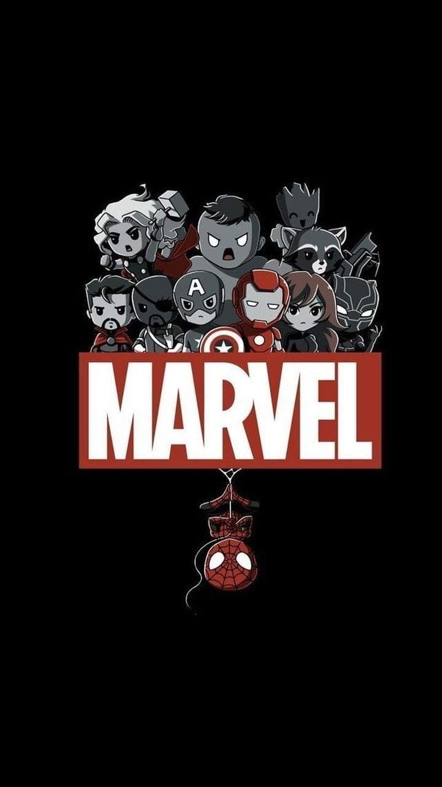 Chibi Marvel Avengers Team with Spider-Man Hanging Below Logo on Black Background HD phone wallpaper