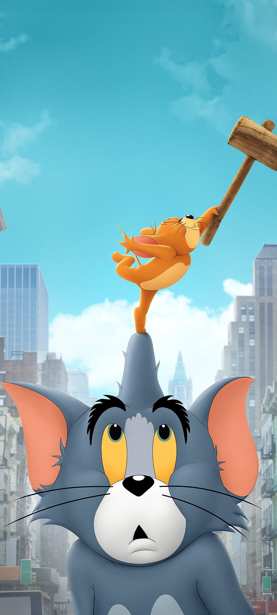 Tom and Jerry Movie Scene: Jerry Balancing on Tom's Head in a City Skyline HD phone wallpaper