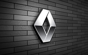 Renault 3D Chrome Logo Emblem Mounted on Dark Gray Brick Wall HD wallpaper
