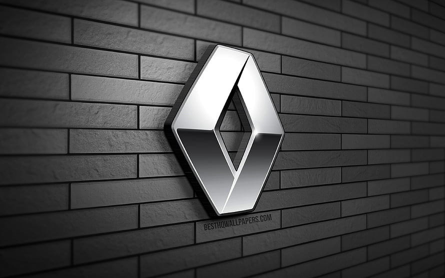 Renault 3D Chrome Logo Emblem Mounted on Dark Gray Brick Wall HD wallpaper