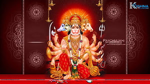 Panchmukhi Hanuman with Five Faces and Multiple Arms in Traditional Indian Art HD wallpaper