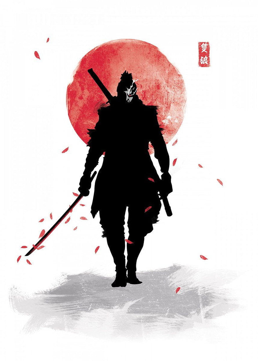 Silhouette of a Samurai Warrior with Katana Against a Red Moon and Falling Petals HD phone wallpaper