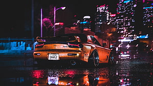 Rusty Mazda RX-7 FD3S with Widebody Kit Parked on Wet Tokyo Street at Night HD wallpaper