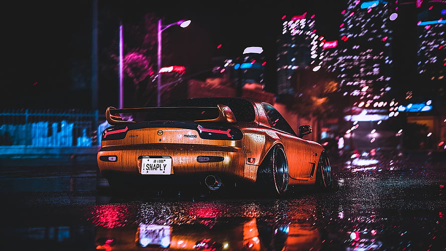 Rusty Mazda RX-7 FD3S with Widebody Kit Parked on Wet Tokyo Street at Night HD wallpaper