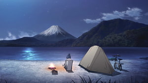 Yuru Camp Anime Scene: Solo Camping by a Lake at Night with Mount Fuji in the Background HD wallpaper