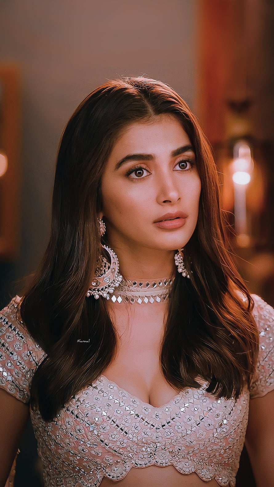 Pooja Hegde in Elegant Blush Embroidered Blouse with Traditional Jhumka Earrings HD phone wallpaper