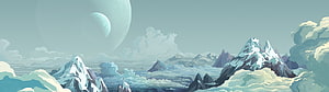 Stylized Digital Art of Snow-Capped Mountains and Alien Planets in a Muted Teal Sky HD wallpaper