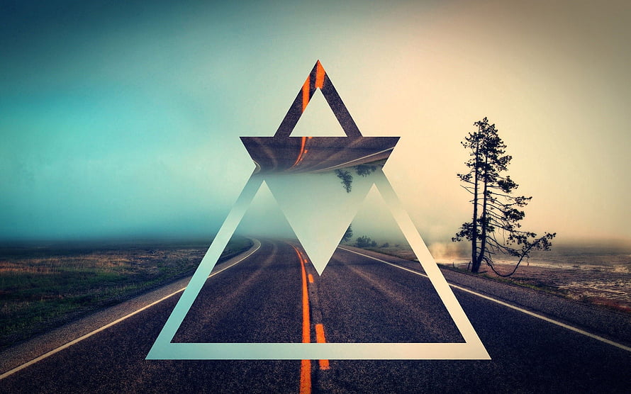Geometric Triangle Overlay on Desert Highway with Lone Pine Tree and Misty Horizon HD wallpaper