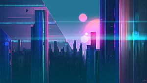 Neon-lit futuristic cityscape with towering skyscrapers and a glowing pink sun in a cyberpunk digital art style HD wallpaper