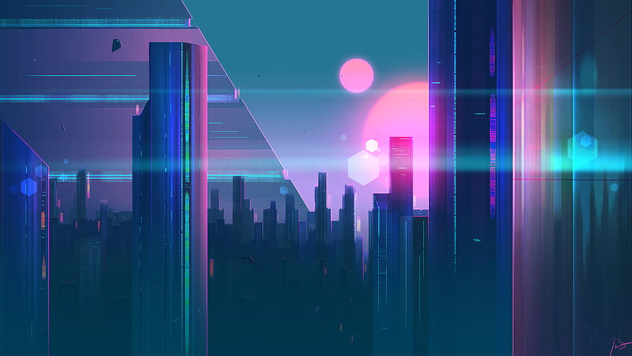 Neon-lit futuristic cityscape with towering skyscrapers and a glowing pink sun in a cyberpunk digital art style HD wallpaper
