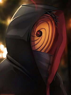 Obito Uchiha in Akatsuki Hood with Sharingan Eye and Swirling Mask HD phone wallpaper