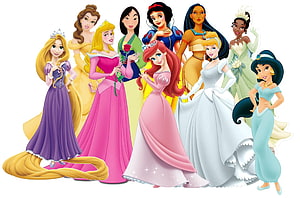 Disney Princess Group Portrait in Elegant Ball Gowns and Royal Attire HD wallpaper